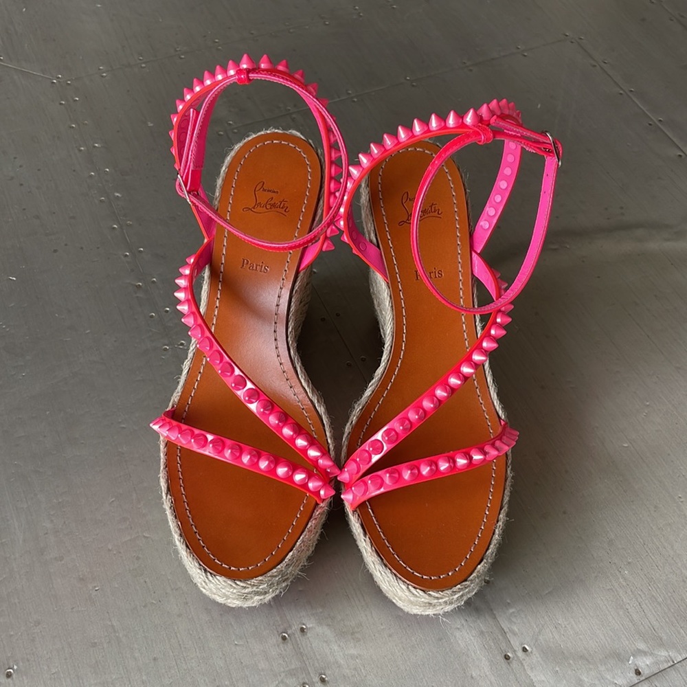 Christian louboutin mafaldina 120mm wedge espadrille pink neon sandal sz 40 - Picture 4 of 14
